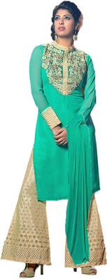 

V And V Shop Georgette Embroidered Semi-stitched Salwar Suit Dupatta Material, Green