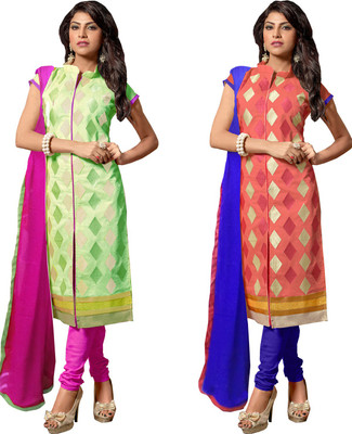 

Parisha Cotton Embroidered Salwar Suit Dupatta Material(Un-stitched), Light green & pink