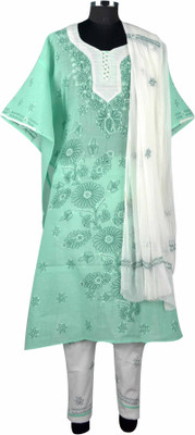 

Sai Chikan Cotton Embroidered Semi-stitched Salwar Suit Dupatta Material, Light green