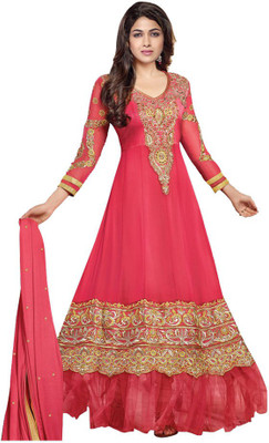 

Happy Creation Net Embroidered Semi-stitched Salwar Suit Dupatta Material, Pink & beige