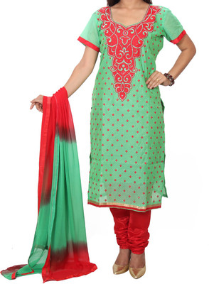 

Zuha Collection Silk Embroidered Salwar Suit Dupatta Material(Un-stitched), Green;red