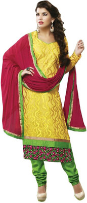 

GoAavaran Cotton Silk Blend Embroidered Salwar Suit Dupatta Material(Un-stitched), Yellow green red