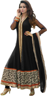 

Vandv Shop Net Embroidered Semi-stitched Salwar Suit Dupatta Material, Black;orange