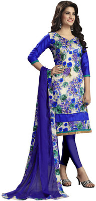 

Trendz Apparels Silk Printed Dress/Top Material(Un-stitched), White & blue
