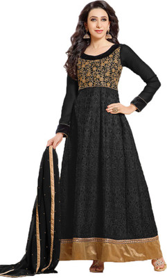 

Parishi Fashion Georgette Embroidered Semi-stitched Salwar Suit Dupatta Material, Black