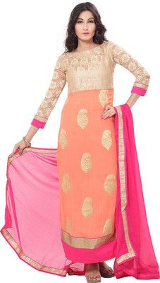 

Ishin Georgette Embroidered Semi-stitched Salwar Suit Dupatta Material, Orange & beige