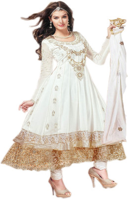 

V & V Shop Georgette Self Design Semi-stitched Salwar Suit Dupatta Material, White