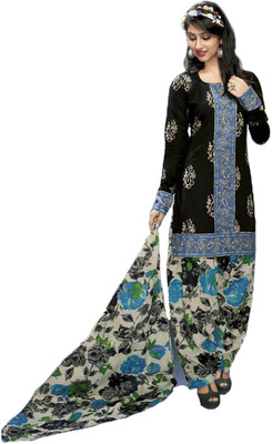 Indian Wear Online Cotton Printed Semi-stitched Salwar Suit Dupatta Material, Black