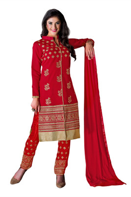 

Khushali Chanderi Self Design, Embroidered Salwar Suit Dupatta Material(Un-stitched), Red