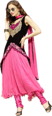 

V And V Shop Net Embroidered Semi-stitched Salwar Suit Dupatta Material, Black;pink