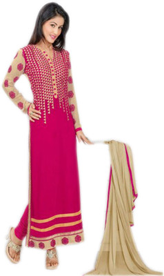 

V And V Shop Georgette Embroidered Semi-stitched Salwar Suit Dupatta Material, Pink;black