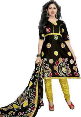 

Indian Wear Online Cotton Printed Semi-stitched Salwar Suit Dupatta Material, Black