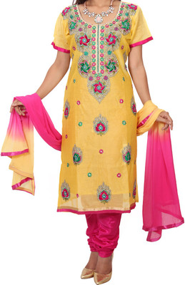 

Zuha Collection Silk Embroidered Salwar Suit Dupatta Material(Un-stitched), Pink;yellow
