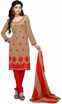 Jiya Georgette Embroidered Dress/Top Material(Un-stitched), Beige;red