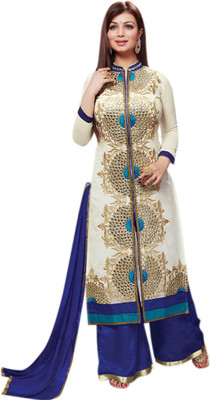 

V And V Shop Cotton Embroidered Semi-stitched Salwar Suit Material, White