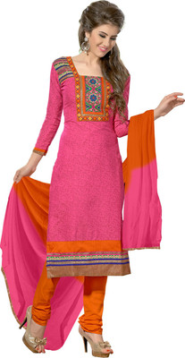 

Vandv Shop Chanderi Embroidered Salwar Suit Dupatta Material(Un-stitched), Orange;pink