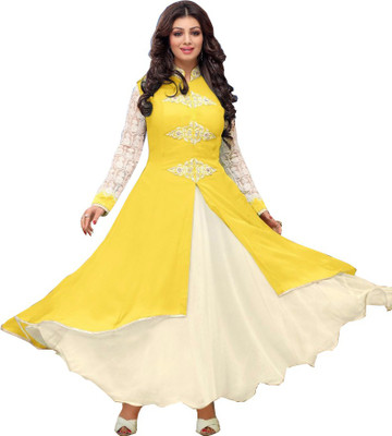

Shree Vardhman Georgette Embroidered Salwar Suit Dupatta Material(Un-stitched), Yellow;pastel peach