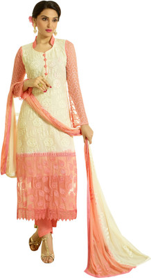 

V And V Shop Chiffon Embroidered Semi-stitched Salwar Suit Material, Peach;white
