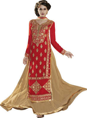 

Jiya Georgette Self Design, Embroidered, Embellished Semi-stitched Lehenga Choli Material, Beige;red