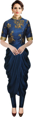 

Vandv Shop Georgette Embroidered Kurti Fabric(Un-stitched), Neavy blue