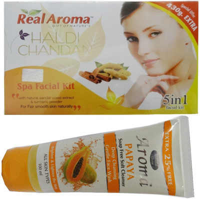 

BIGSALE786 Real Aroma Haldi Chandan Spa Facial Kit 5 in 1 Free Aroma Papaya Soap Free Face Wash 740 g(Set of 5)