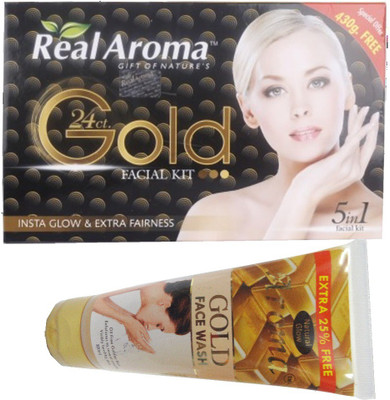 

BIGSALE786 Real Aroma 24Ct Gold Facial Kit 5 in 1 Free Aroma Gold Face Wash 740 g(Set of 5)