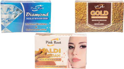 

Pink Root Diamond Facial Kit,Gold Facial Kit,Haldi Chandan Facial Kit 210 g(Set of 3)