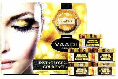 

Vaadi Herbals Gold Facial Kit - 24 Carat Gold Leaves, Marigold & Wheatgerm Oil, Lemon Peel Extract 270 g(Set of 5)