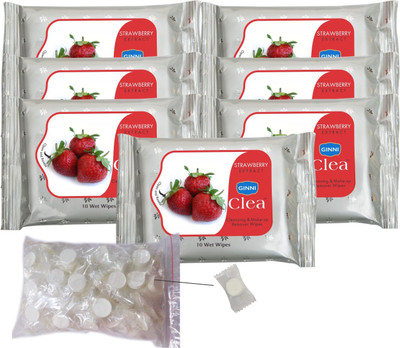 

Ginni Clea Cleansing and Make-up Remover Wet Wipes (Strawberry)(pack of 7)(10 wipes per pack) with Coin Tissues (50 pcs) Candy Pack(Pack of 8)