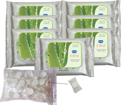 

Ginni Clea Cleansing and Make-up Remover Wet Wipes (Aloevera)(pack of 7)(10 wipes per pack) with Coin Tissues (50 pcs) Candy Pack(Pack of 8)