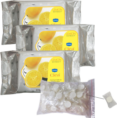 

Ginni Clea Cleansing and Make-up Remover Wet Wipes (Lemon)(pack of 3)(30 wipes per pack) with Coin Tissues (50 pcs) Candy Pack(Pack of 4)