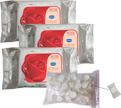 

Ginni Clea Cleansing and Make-up Remover Wet Wipes (Rose)(pack of 3)(30 wipes per pack) with Coin Tissues (50 pcs) Candy Pack(Pack of 4)