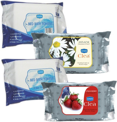 

Ginni Combo Of 2 Bed Bath Towel (10 Towels Per Pack),Facial Wipes (Antiacne,Strawberry) (30 Wipes Per Pack)(Pack of 4)