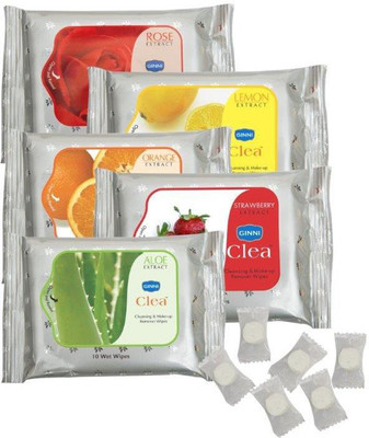 

Ginni Refreshing Facial Wet Wipes-Rose,Lemon,Aloevera,Orange,Strawberry (pack of 5)(10 wipes per pack) & 50 Coin Tissue(candy pack)(Pack of 10)