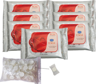 

Ginni Clea Cleansing and Make-up Remover Wet Wipes (Rose)(pack of 7)(10 wipes per pack) with Coin Tissues (50 pcs) Candy Pack(Pack of 8)