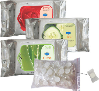 

Ginni Clea Cleansing and Make-up Remover Wet Wipes (Rose,Aloevera,Cucumber)(30 wipes per pack) with Coin Tissues (50 pcs) Candy Pack(Pack of 30)