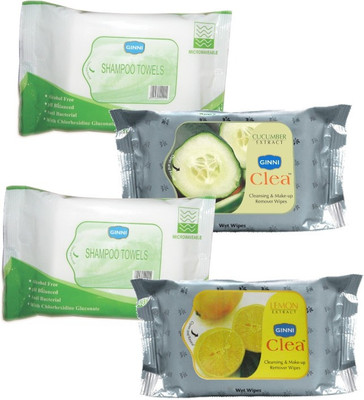 

Ginni Combo Of 2 Shampoo Towel (10 Towels Per Pack), Facial Wipes (Cucumber,Lemon) (30 Wipes Per Pack)(Pack of 4)