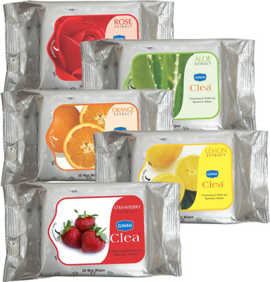 

Ginni Cleansing & Refreshing Facial Wipes (Rose,Aloevera,Orange,Strawberry,lemon) (pack of 5) (30 wipes per pack)(Pack of 5)