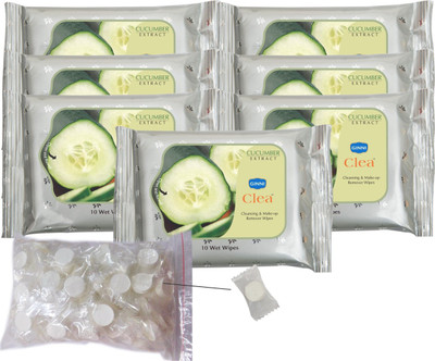 

Ginni Clea Cleansing and Make-up Remover Wet Wipes (Cucumber)(pack of 7)(10 wipes per pack) with Coin Tissues (50 pcs) Candy Pack(Pack of 8)