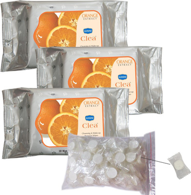 

Ginni Clea Cleansing and Make-up Remover Wet Wipes (Orange)(pack of 3)(30 wipes per pack) with Coin Tissues (50 pcs) Candy Pack(Pack of 4)