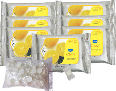 

Ginni Clea Cleansing and Make-up Remover Wet Wipes (Lemon)(pack of 7)(10 wipes per pack) with Coin Tissues (50 pcs) Candy Pack(Pack of 8)