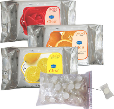 

Ginni Clea Cleansing and Make-up Remover Wet Wipes (Rose,Orange,Lemon)(30 wipes per pack) with Coin Tissues (50 pcs) Candy Pack(Pack of 30)