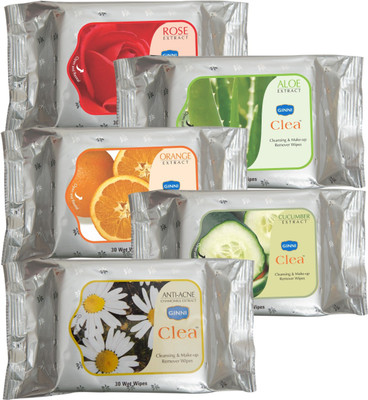 

Ginni Cleansing & Refreshing Facial Wipes (Rose,Aloevera,Orange,Cucumber,Antiacne) (pack of 5) (30 wipes per pack)(Pack of 5)