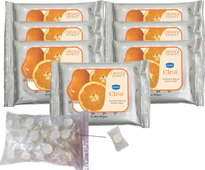 

Ginni Clea Cleansing and Make-up Remover Wet Wipes (Orange)(pack of 7)(10 wipes per pack) with Coin Tissues (50 pcs) Candy Pack(Pack of 8)
