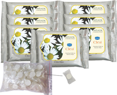

Ginni Clea Cleansing and Make-up Remover Wet Wipes (AntiAcne)(pack of 7)(10 wipes per pack) with Coin Tissues (50 pcs) Candy Pack(Pack of 8)
