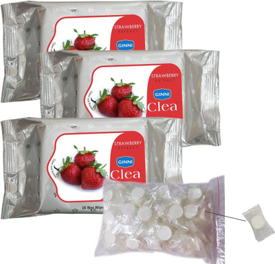 

Ginni Clea Cleansing and Make-up Remover Wet Wipes (Strawberry)(pack of 3)(30 wipes per pack) with Coin Tissues (50 pcs) Candy Pack(Pack of 4)