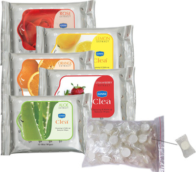 

Ginni Clea Cleansing and Make-up Remover Wet Wipes (5 Variants)(10 wipes per pack) with Coin Tissues (50 pcs) Candy Pack(Pack of 10)