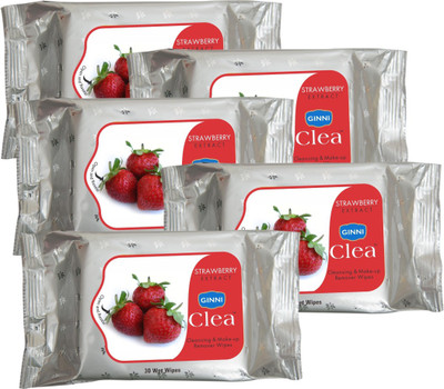 

Ginni Cleansing & Refreshing Facial Wipes (Strawberry) (pack of 5) (30 wipes per pack)(Pack of 5)