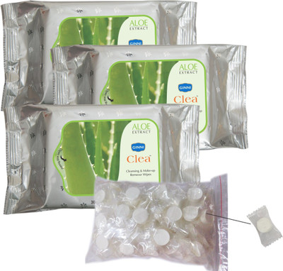 

Ginni Clea Cleansing and Make-up Remover Wet Wipes (Aloevera)(pack of 3)(30 wipes per pack) with Coin Tissues (50 pcs) Candy Pack(Pack of 4)