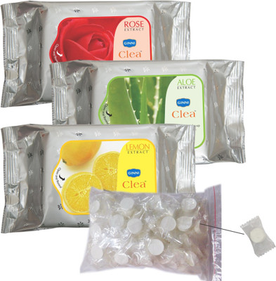

Ginni Clea Cleansing and Make-up Remover Wet Wipes (Rose, Aloevera, Lemon)(30 wipes per pack) with Coin Tissues (50 pcs) Candy Pack(Pack of 30)